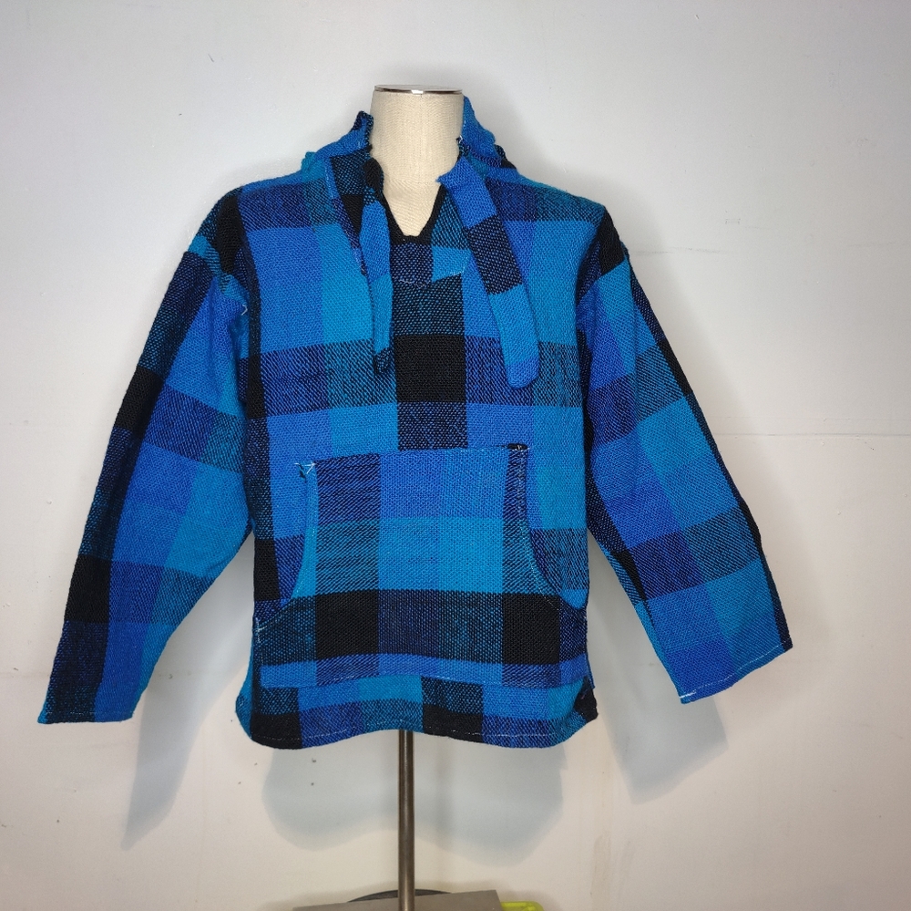 Riata Mexican Hoodie Drug Rug Blue Black Plaid Sur